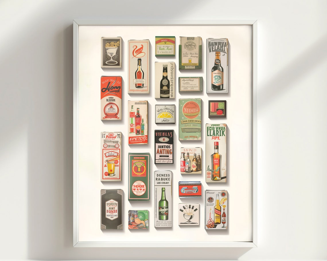 Retro Matchbox Bottle Label Grid Vintage Cocktail Decor Bar Wall Print - Image 2