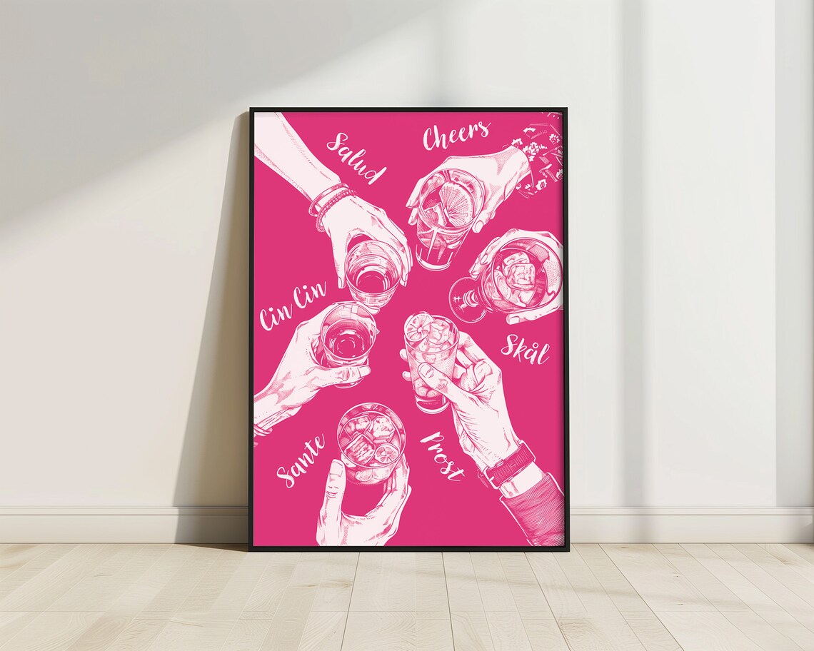 Cheers Hands Pink Toast Salud Skol Prost Multilingual Bar Poster