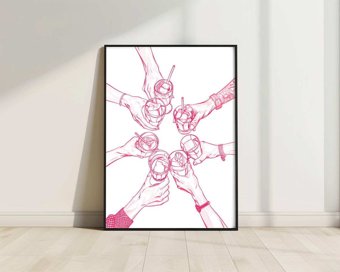Cheers Hands Pink Cocktail Toast Friends Celebration Sketch Poster