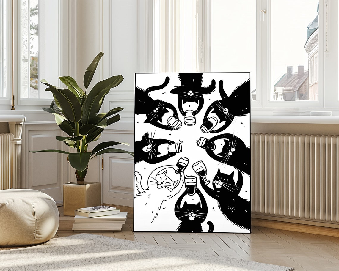 Cheers Cats Circle Toast Eight Cats Wine Glasses Party Poster - Image 4