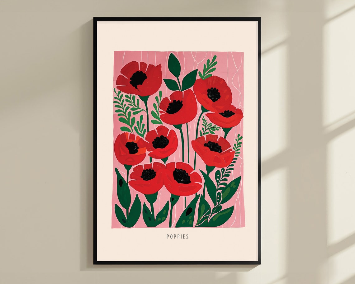 Red Poppies Botanical Flower Illustration Minimalist Wall Art - Image 3