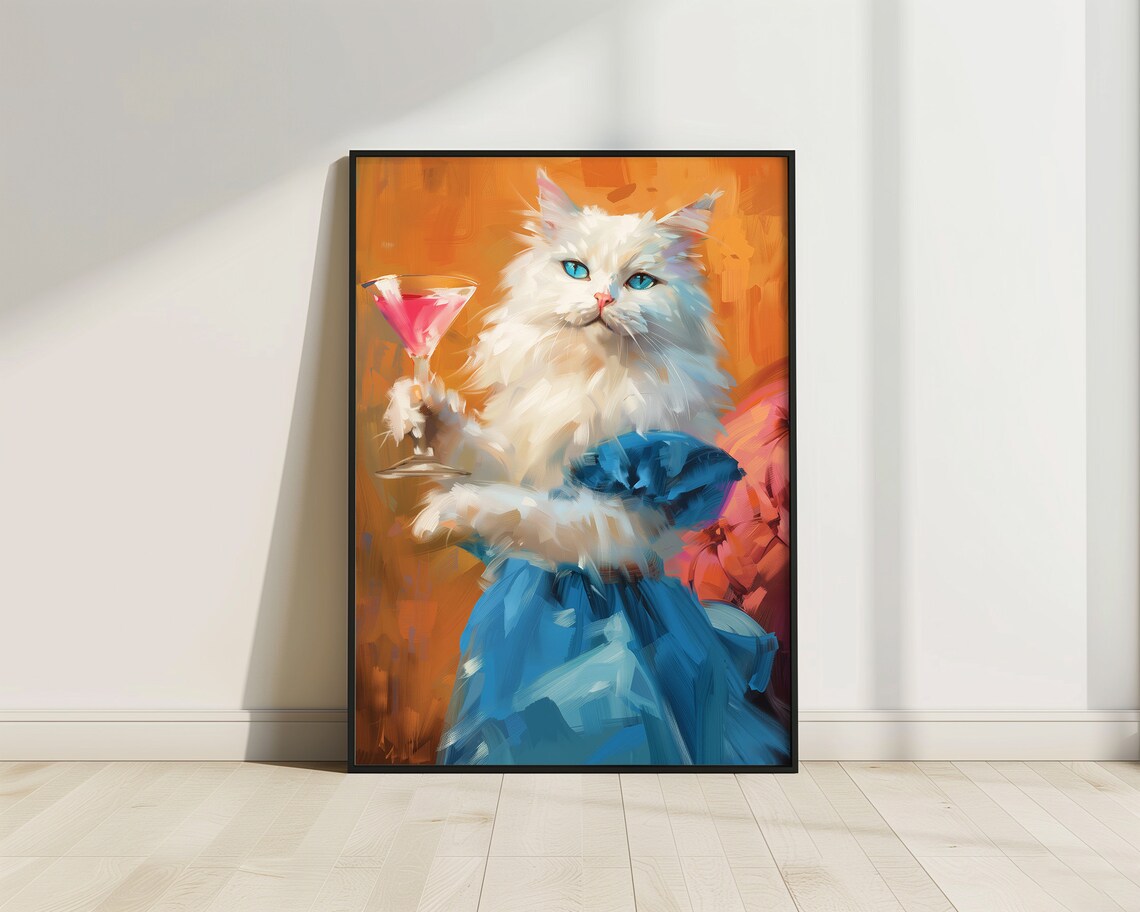 White Cat Cheers Cocktail Funny Feline Toast Vivid Oil Painting Poster