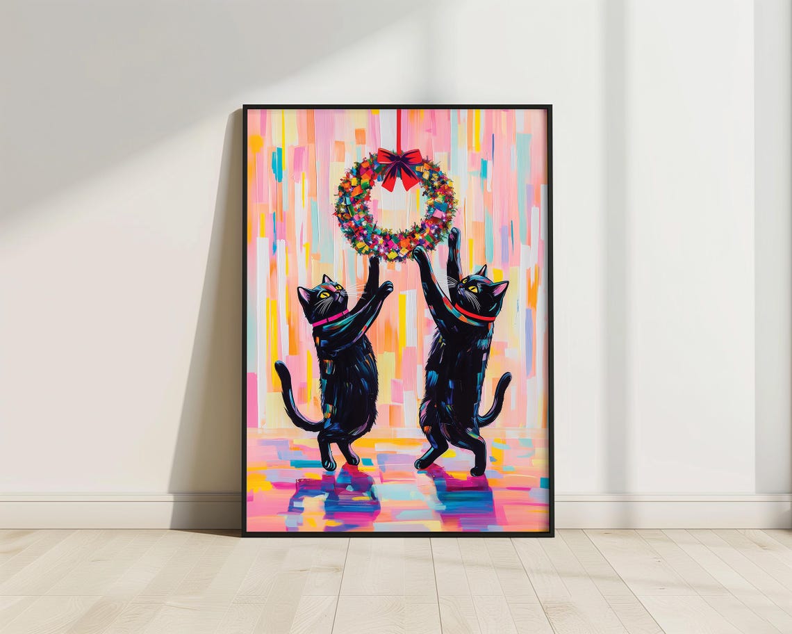 Black Cats Catching Christmas Wreath Black Cat Poster Print Christmas Print Xmas Poster Funny Animal Print Vivid Oil Painting Cat Xmas