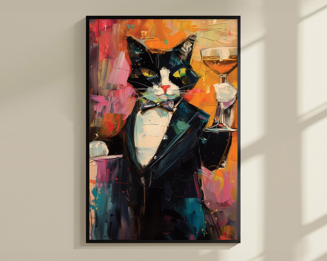 Tuxedo Cat Cheers Portrait Print Cat Cheers Print Cat Cheers Cocktail Print Cat Wall Decor Wall Art Cat Funny Poster Vivid Oil Painting - Image 3