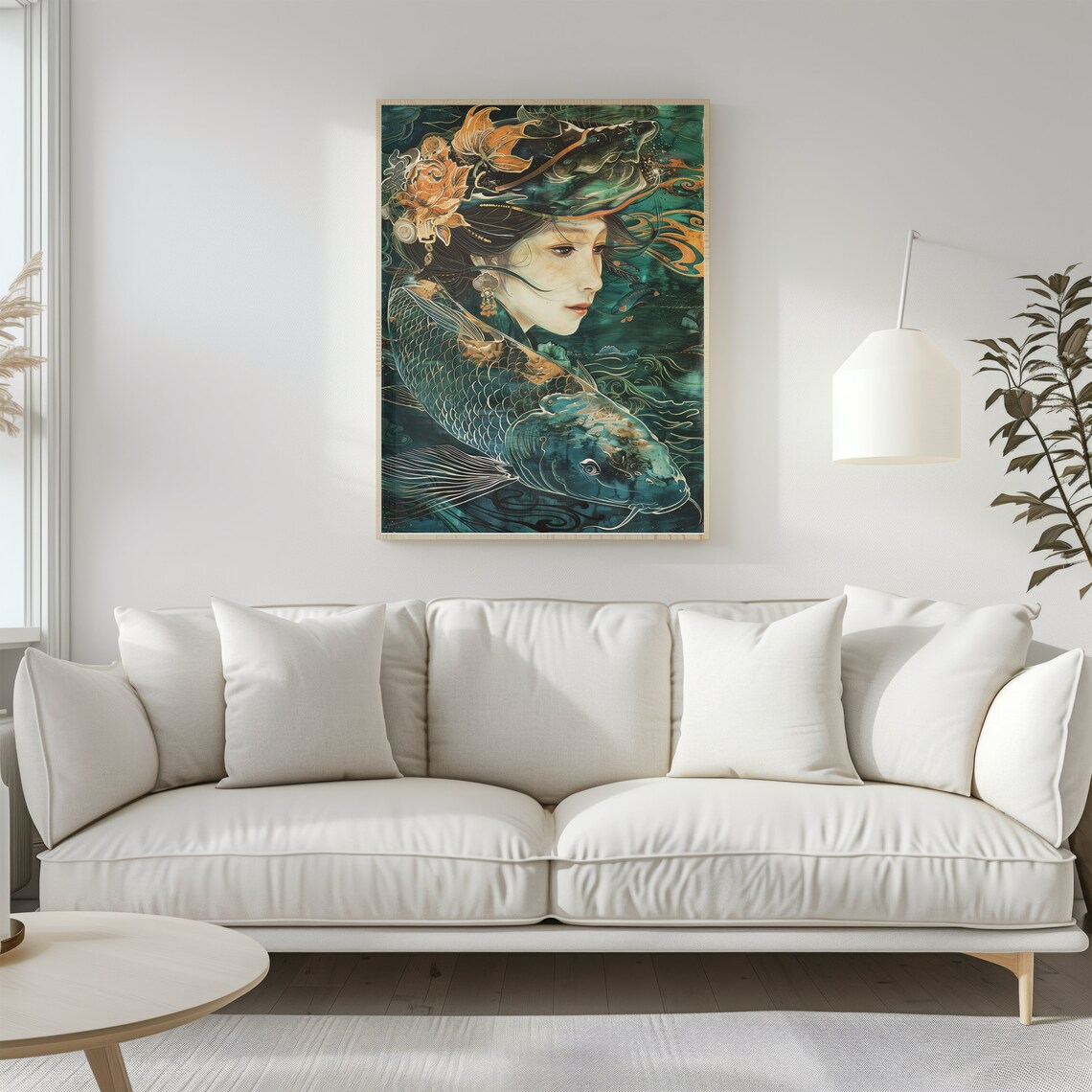 Geisha And Koi Fish Surreal Teal Gold Japanese Style Art Poster - Image 2
