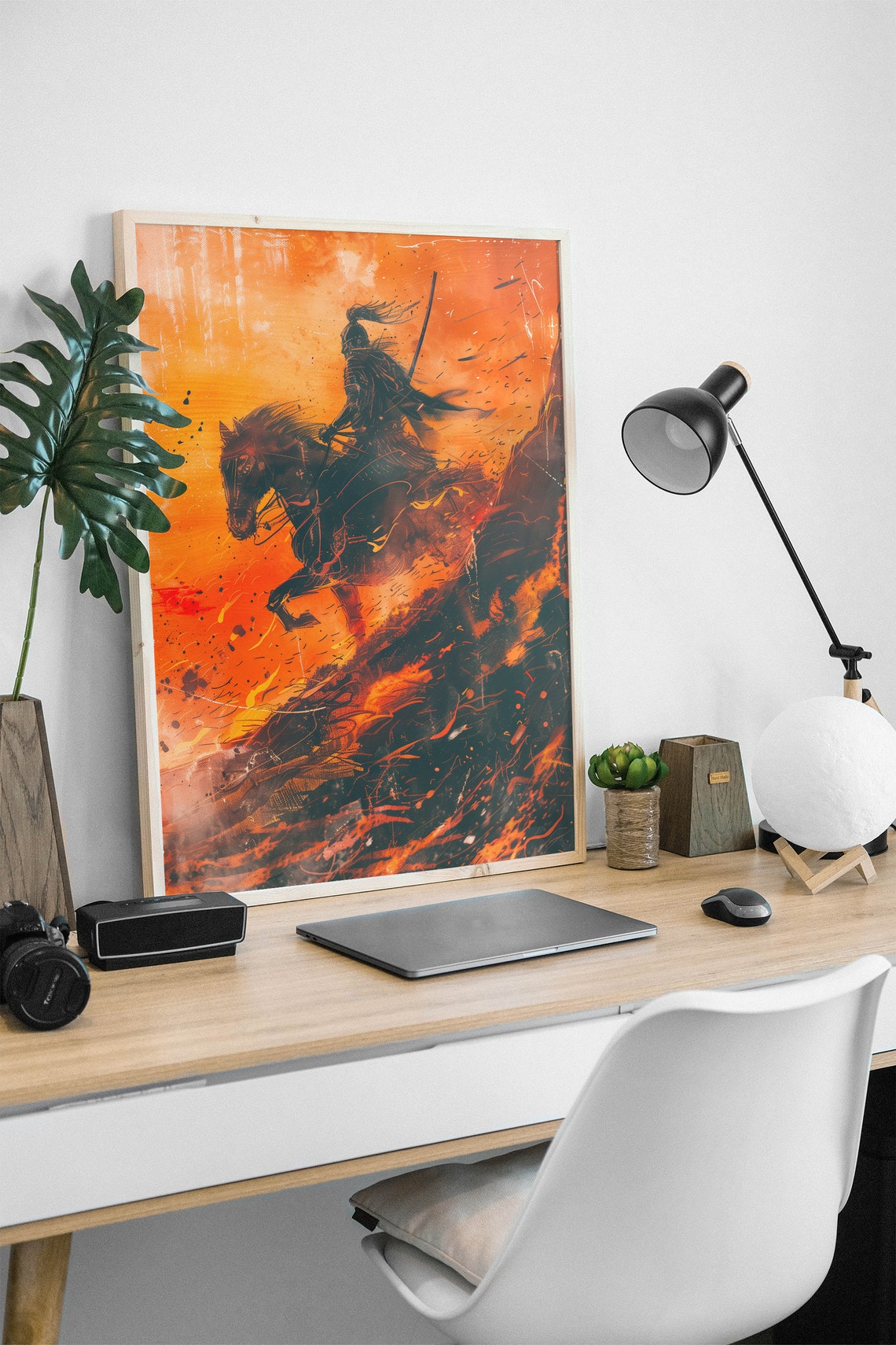 Samurai Horseback Sunset Watercolor Art Orange Fire Rider Poster - Image 2