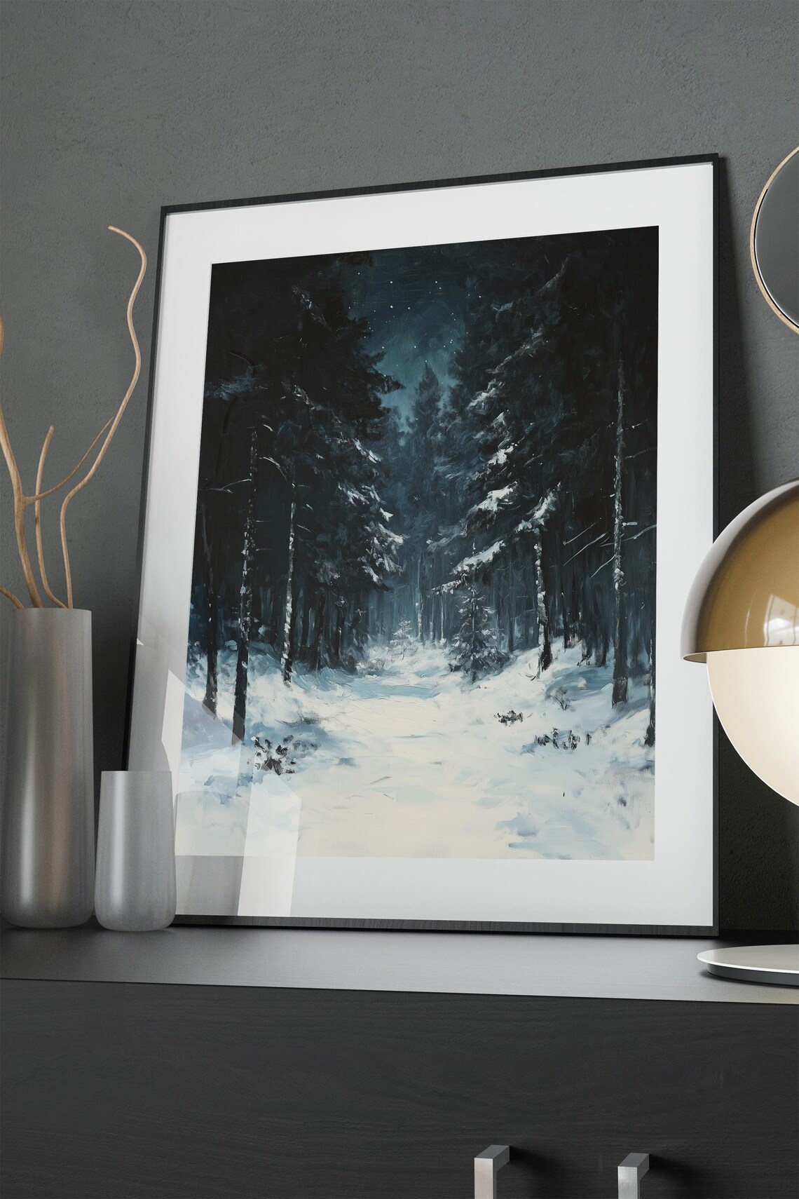 Snowy Forest Path at Night Starry Sky Winter Landscape Painting Poster - Image 3