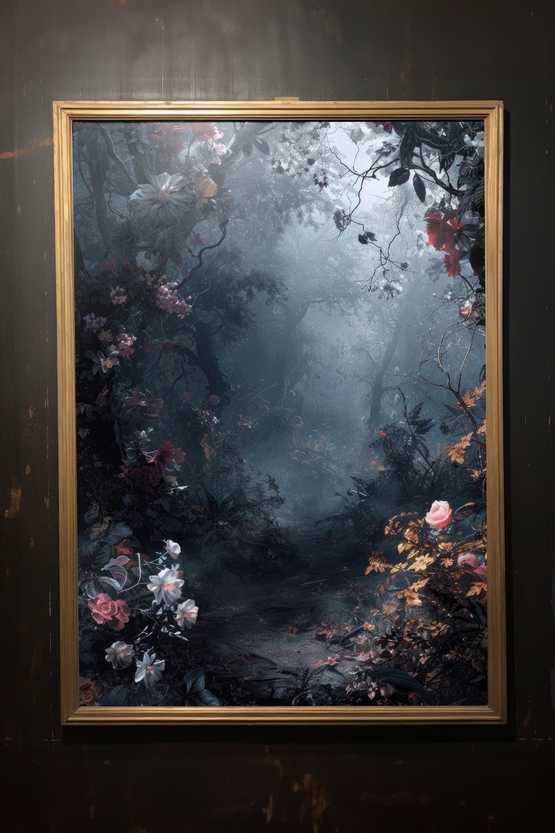 Misty Forest Glade With Wildflowers Moody Dark Botanical Poster - Image 3