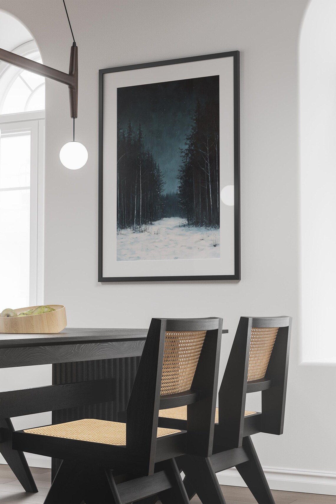 Snowy Birch Forest at Night Starlit Winter Woodland Painting Poster - Image 4