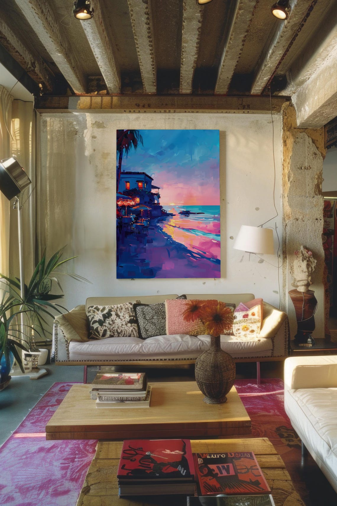 Sunset Beach Bar Tropical Palm Coastal Landscape Painting Poster - Image 2