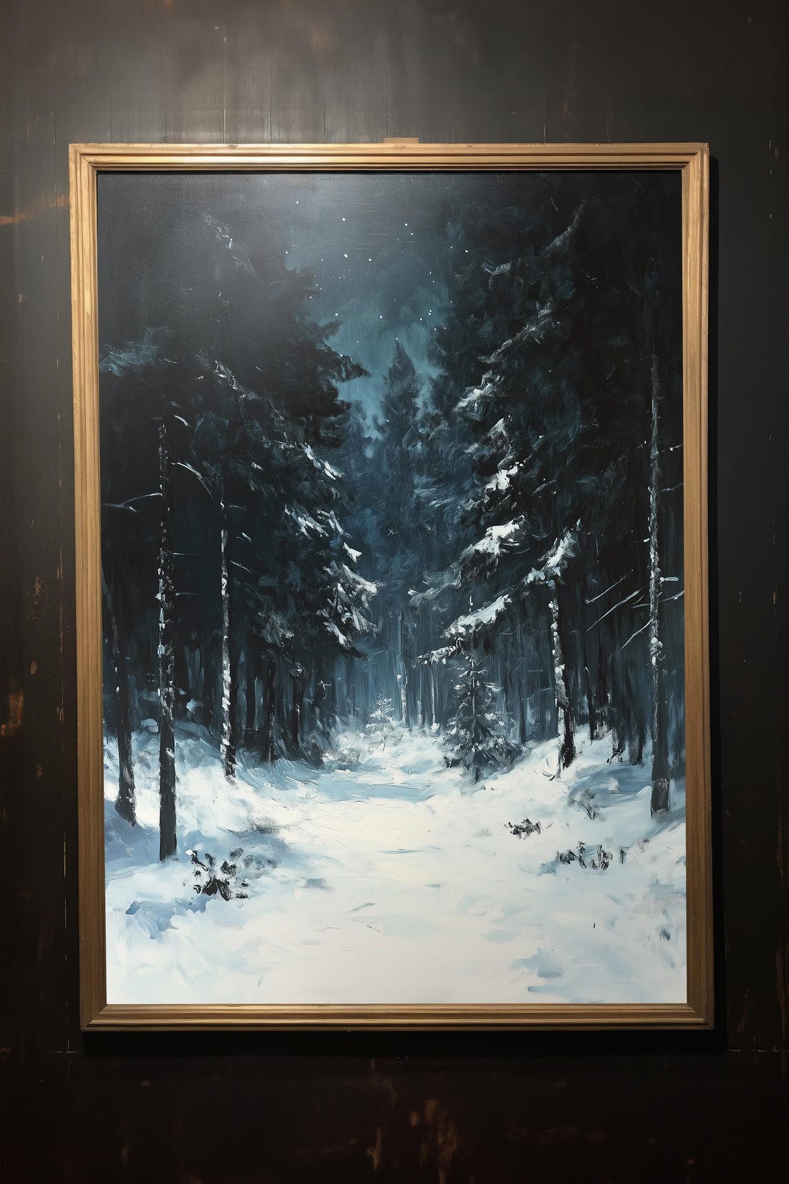 Snowy Forest Path at Night Starry Sky Winter Landscape Painting Poster - Image 4