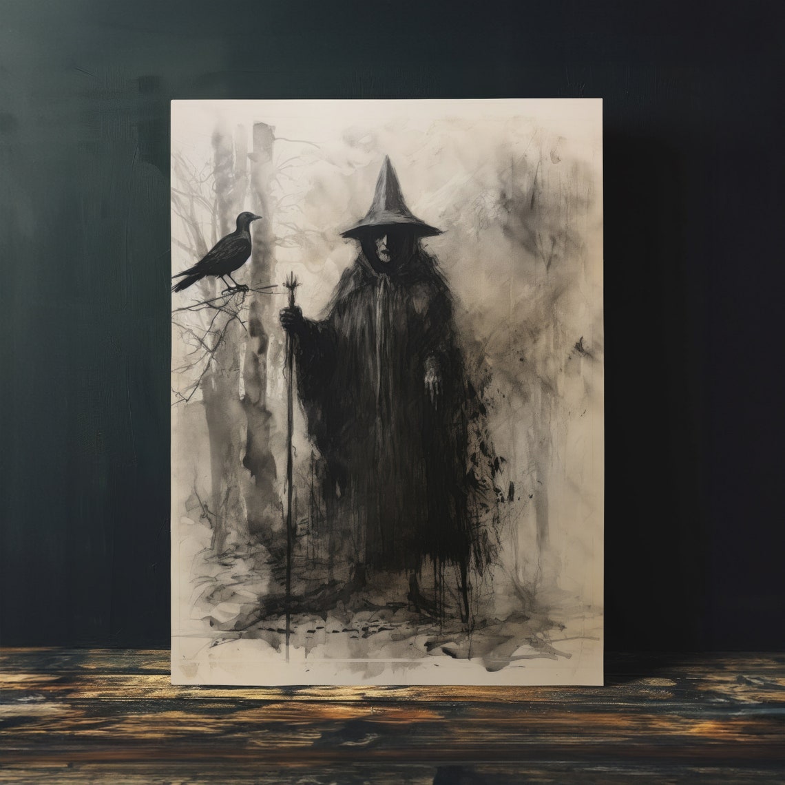 Dark Witch With Staff and Raven Misty Forest Gothic Wall Art - Image 4