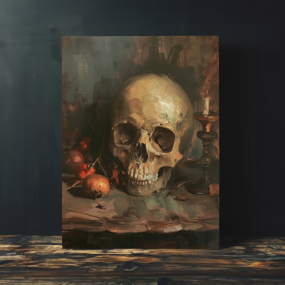 Skull Still Life With Candle Vintage Style Macabre Oil Art Poster - Image 3