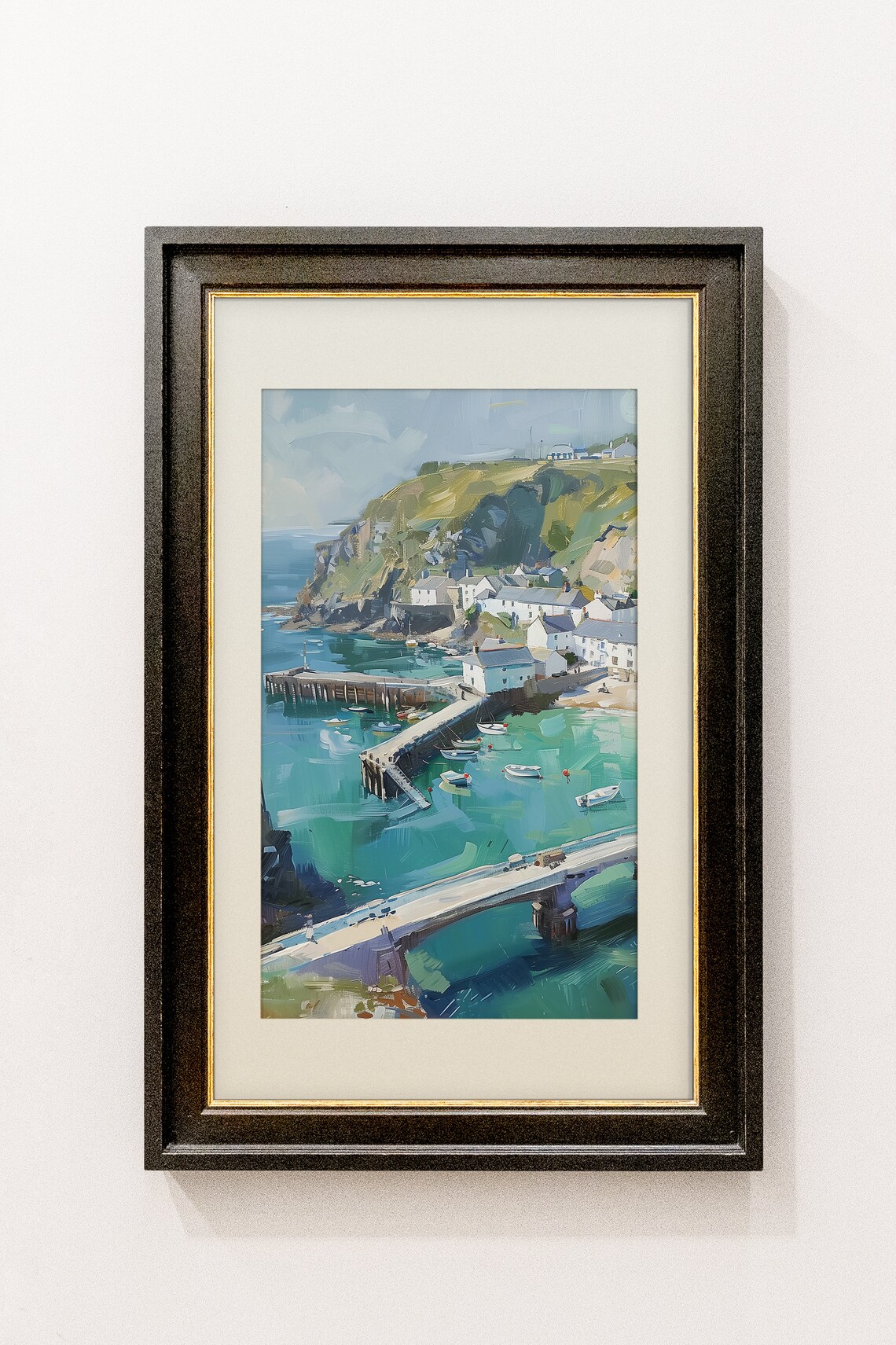 Coastal Fishing Village Harbor Poster Mediterranean Cliff Town Oil Art - Image 4