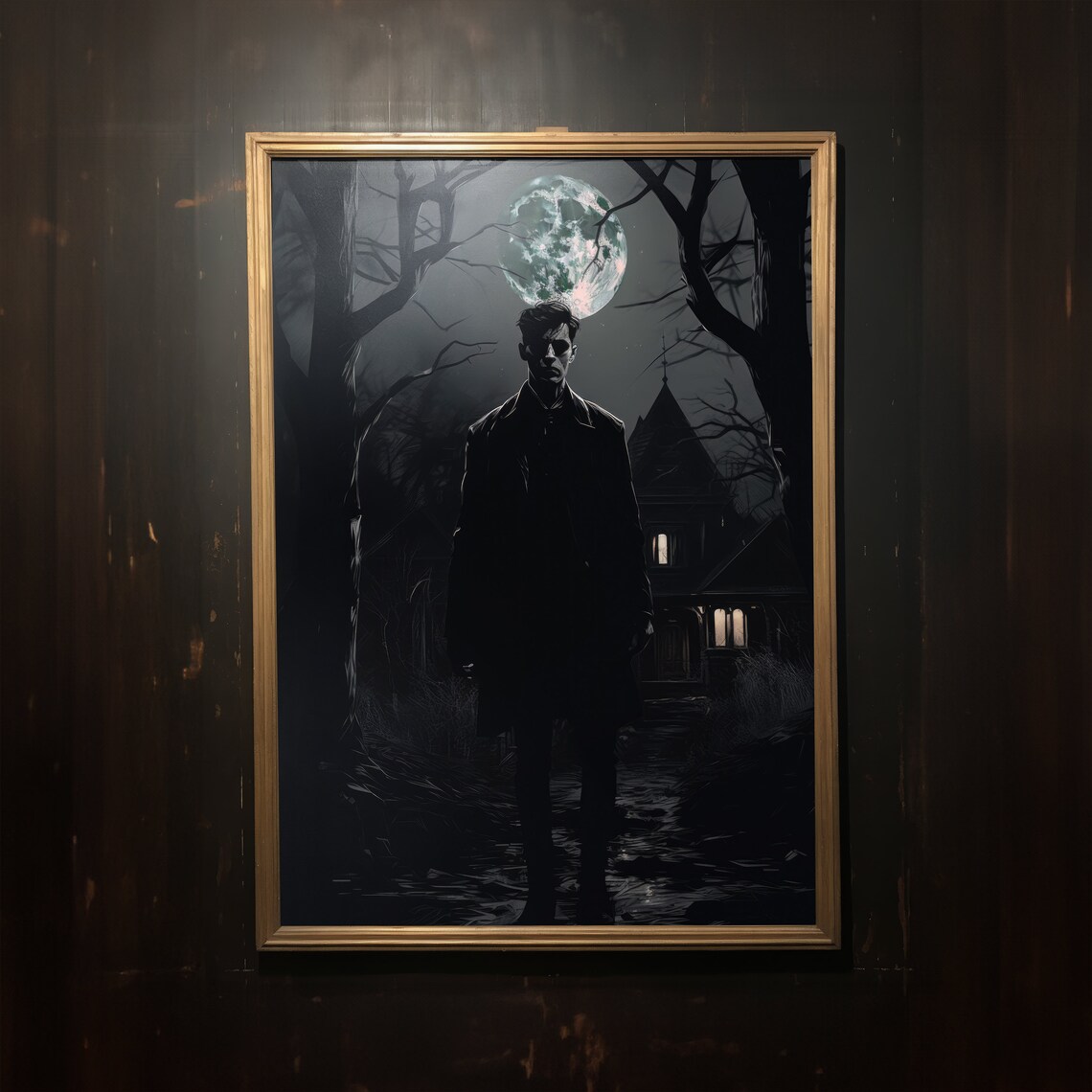 Pale Vampire Figure Gothic Mansion Green Moon Night Moody Dark Art Poster - Image 2