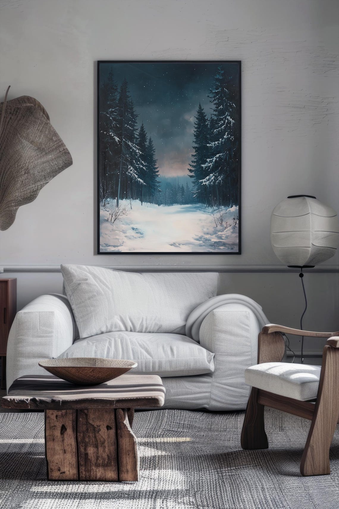 Snowy Evergreen Forest Under Starry Dusk Sky Winter Painting Poster - Image 3
