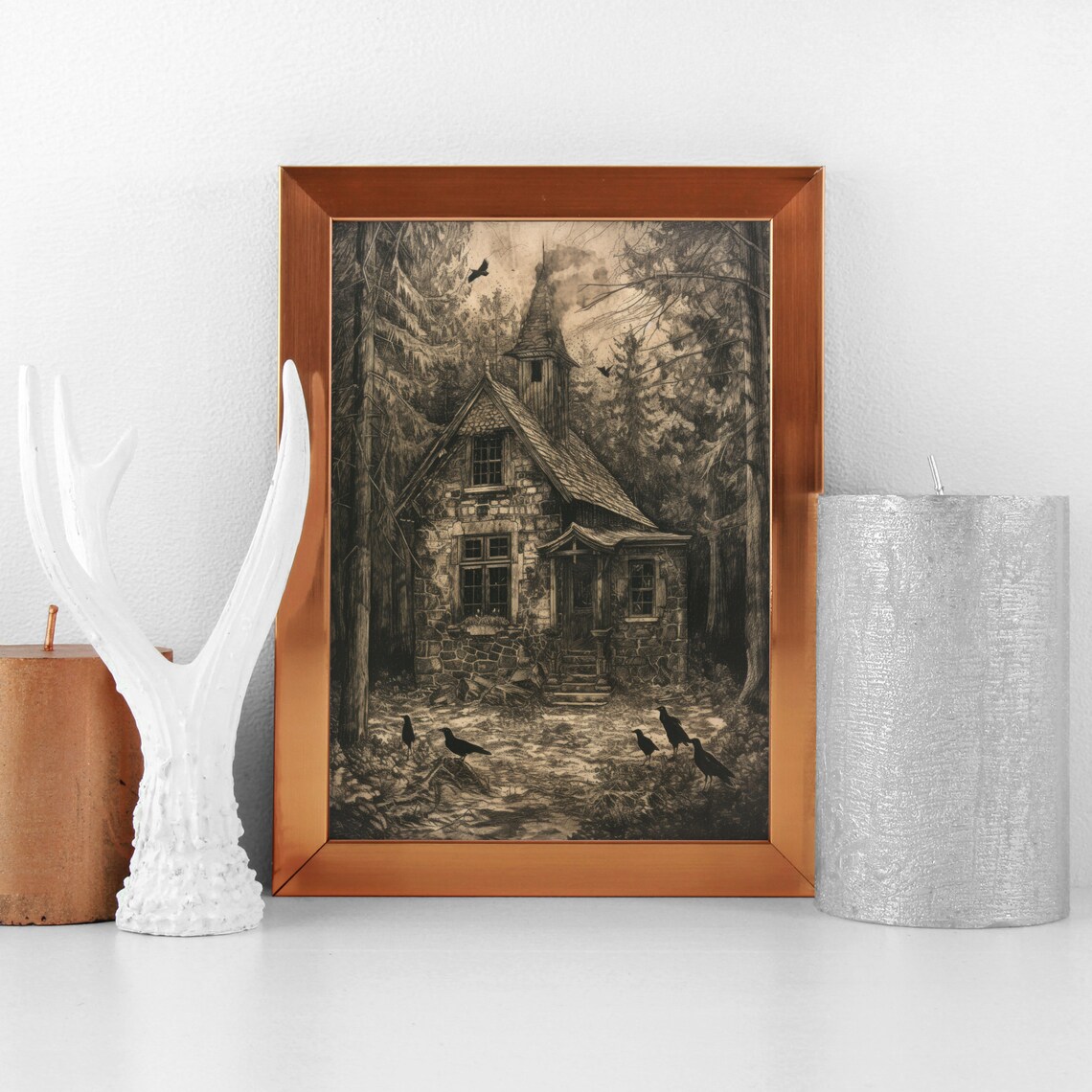Forest Cabin Etching Style Landscape Art Print - Image 3