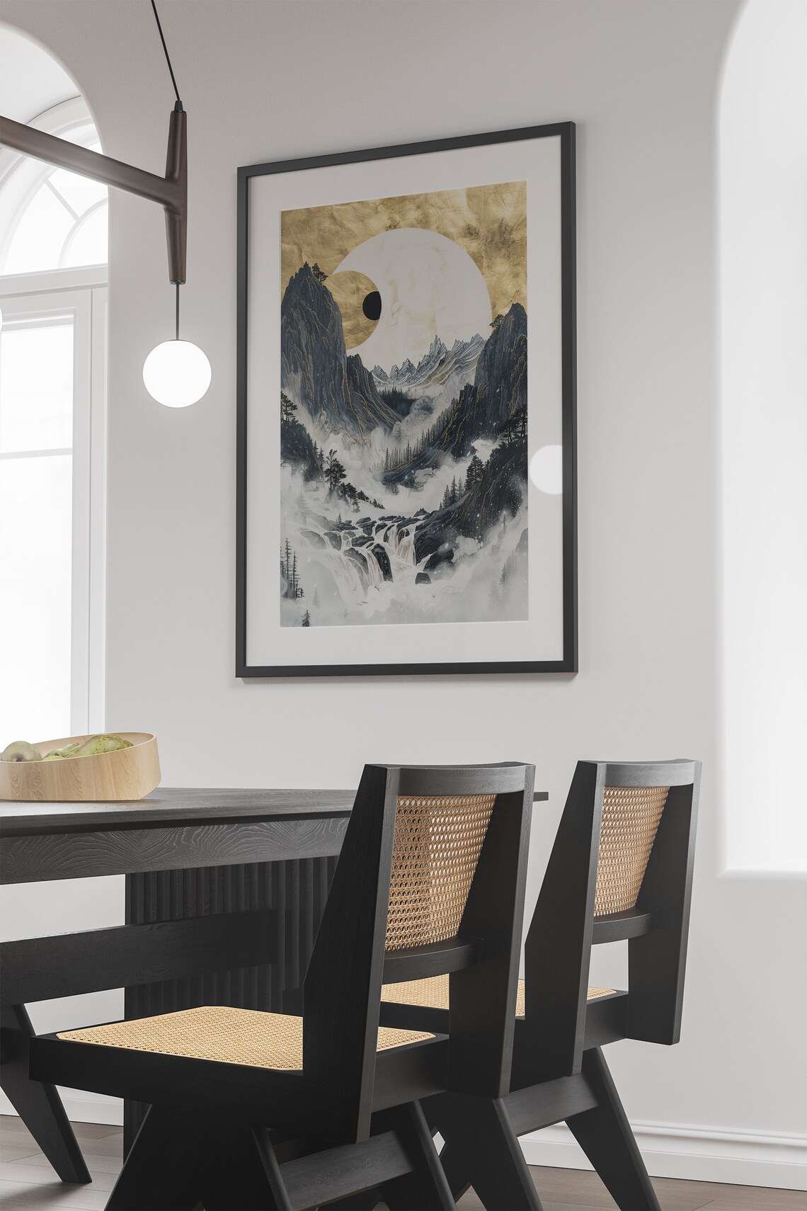 Moody Chinese Mountain Landscape Gold Moon Misty Waterfall Poster - Image 3