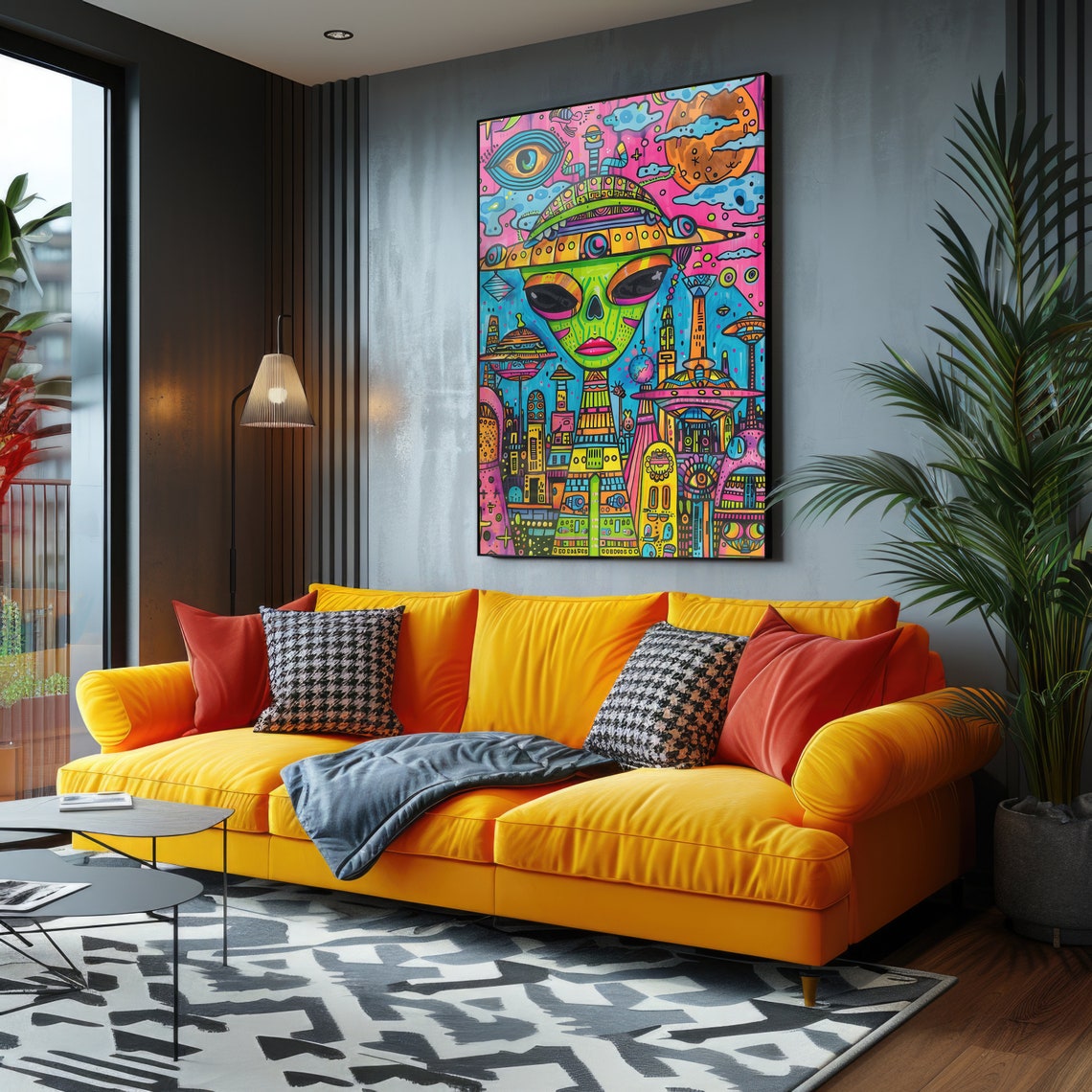 Neon Alien Cityscape Psychedelic Trippy Cosmic Invasion Wall Art - Image 3