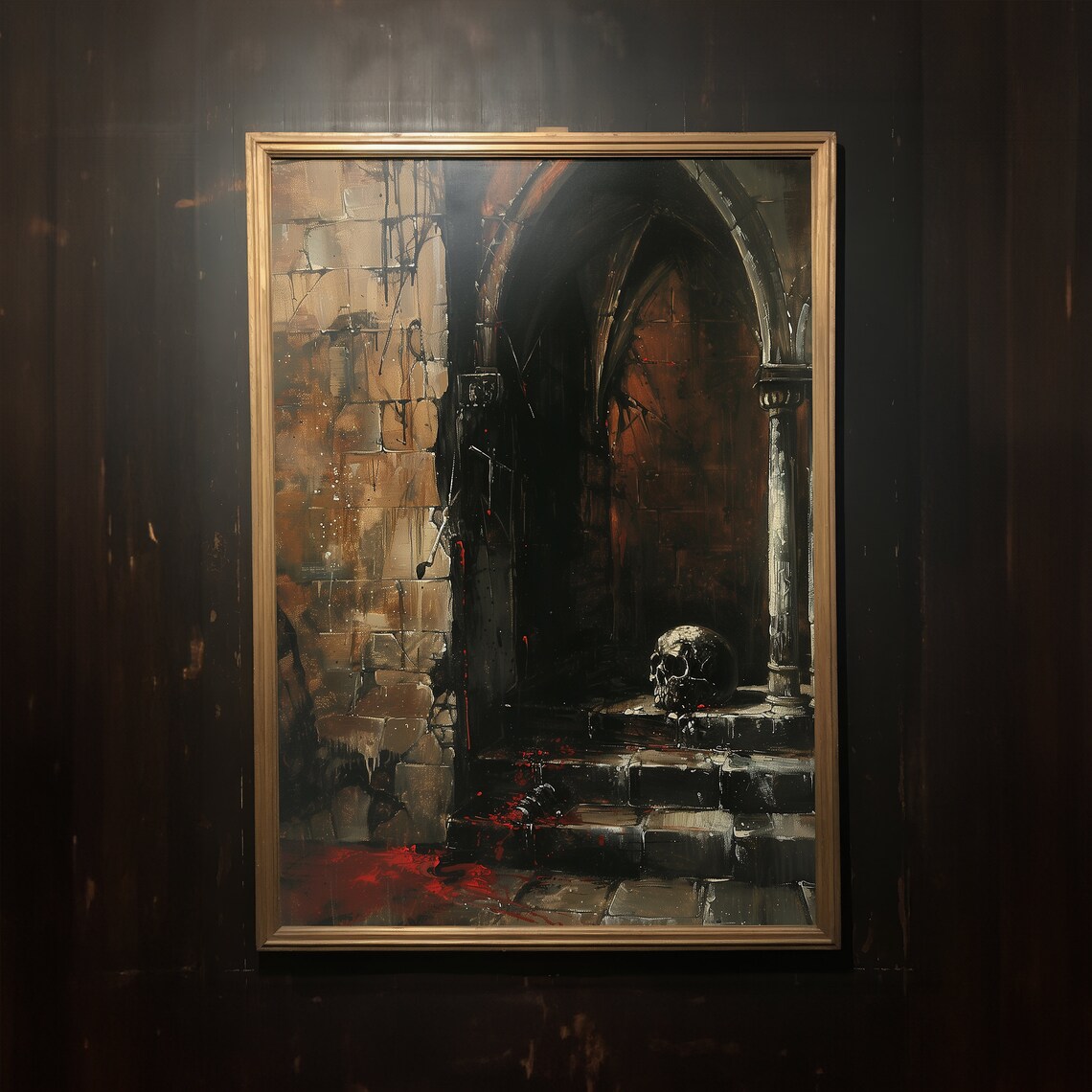 Skull In Gothic Archway Macabre Dark Academia Oil Art Poster - Image 3
