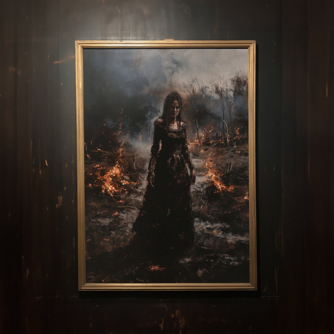 Fire Witch Vintage Oil Painting Burning Forest Gothic Art Poster - Image 3
