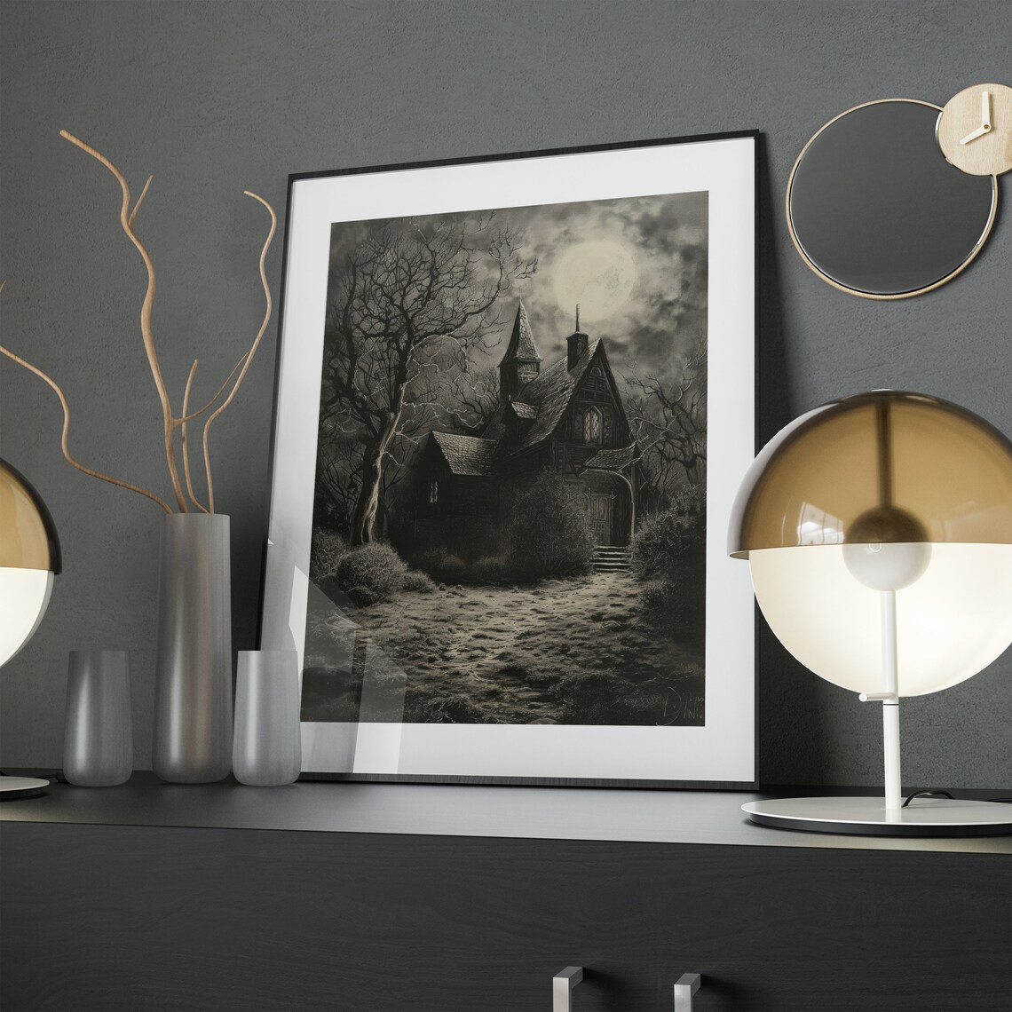 Haunted Gothic House Full Moon Night Charcoal Style Dark Witchy Art Poster - Image 3