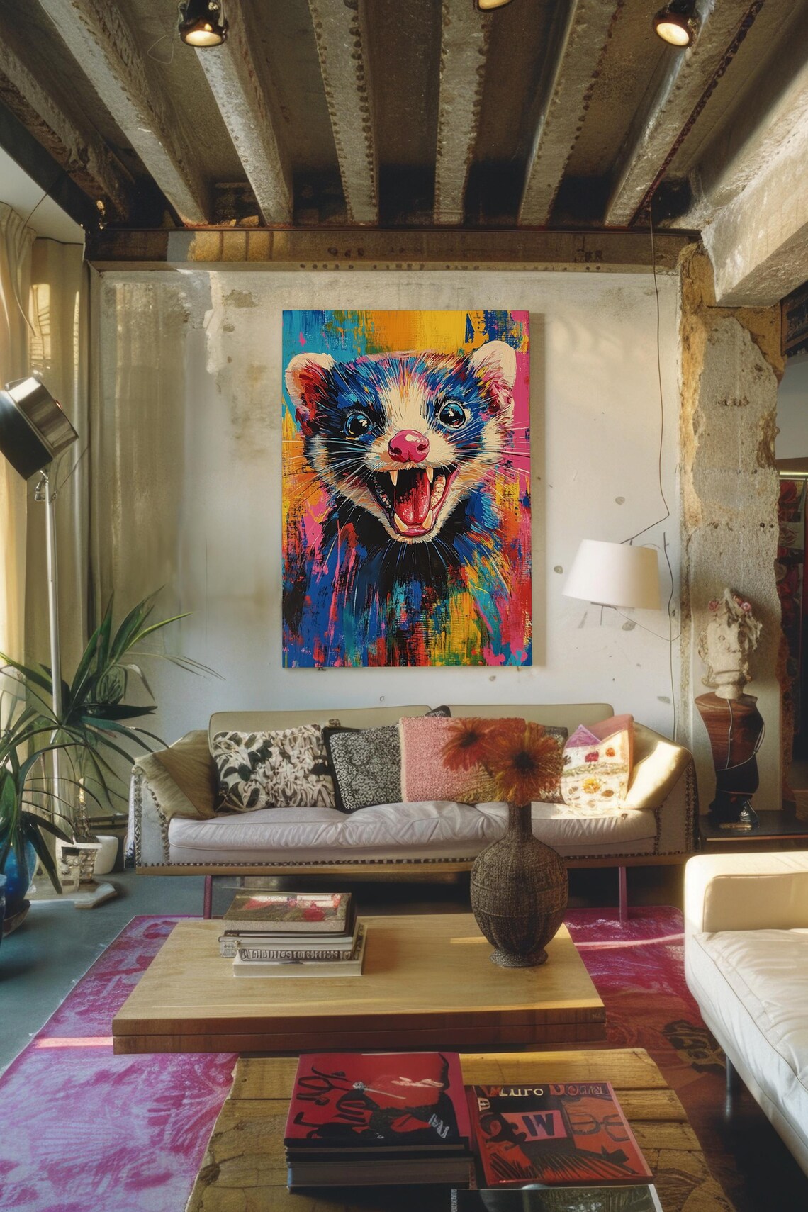 Cheeky Laughing Ferret Colorful Neon Pop Art Pet Portrait Print - Image 4