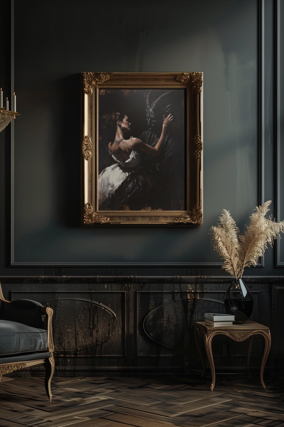 White Dress Beauty Dancing with Horned Demon Romantic Gothic Poster - Image 3