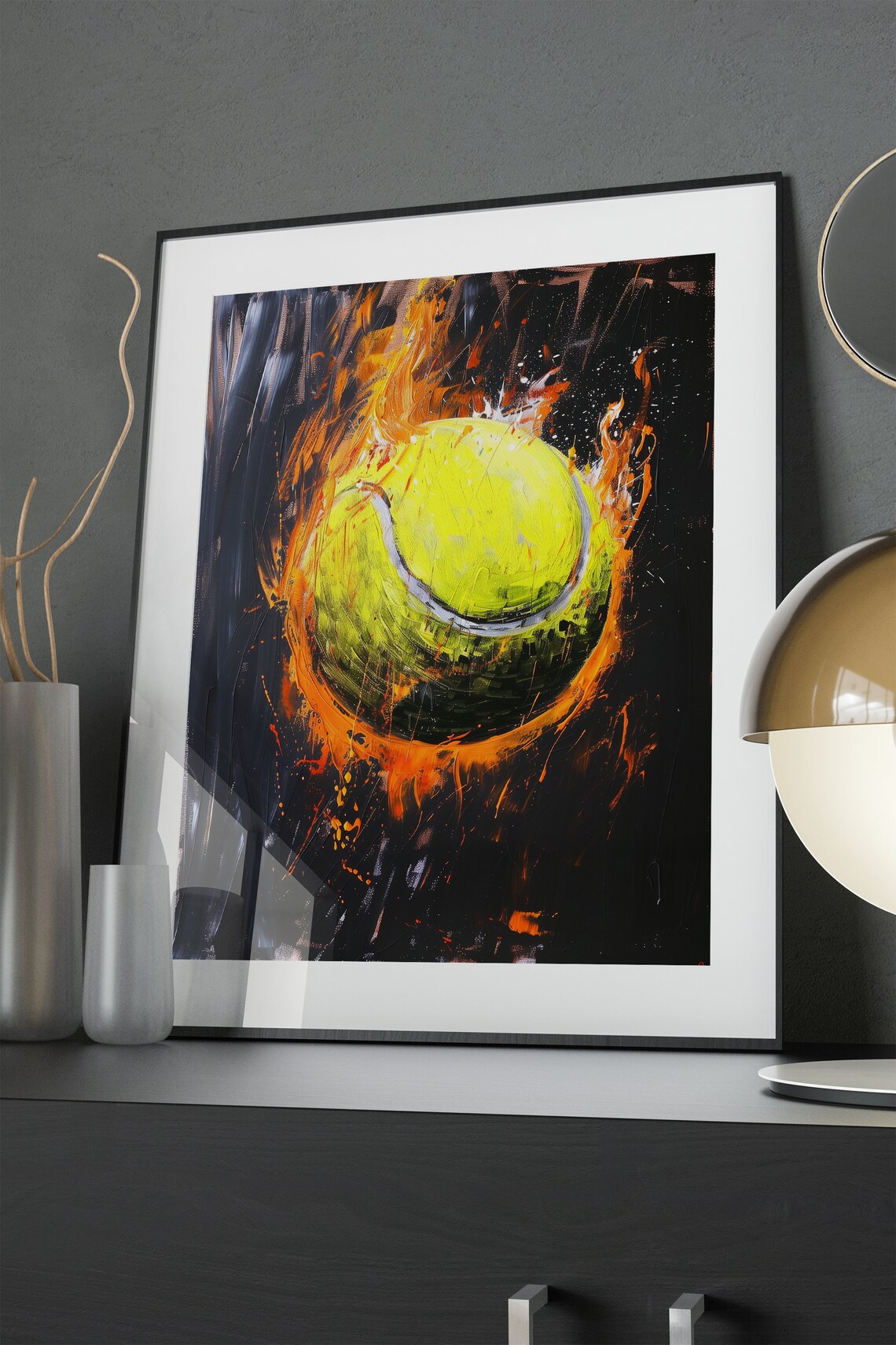 Flaming Tennis Ball Neon Yellow Painting Poster Sports Fire Wall Decor - Image 3