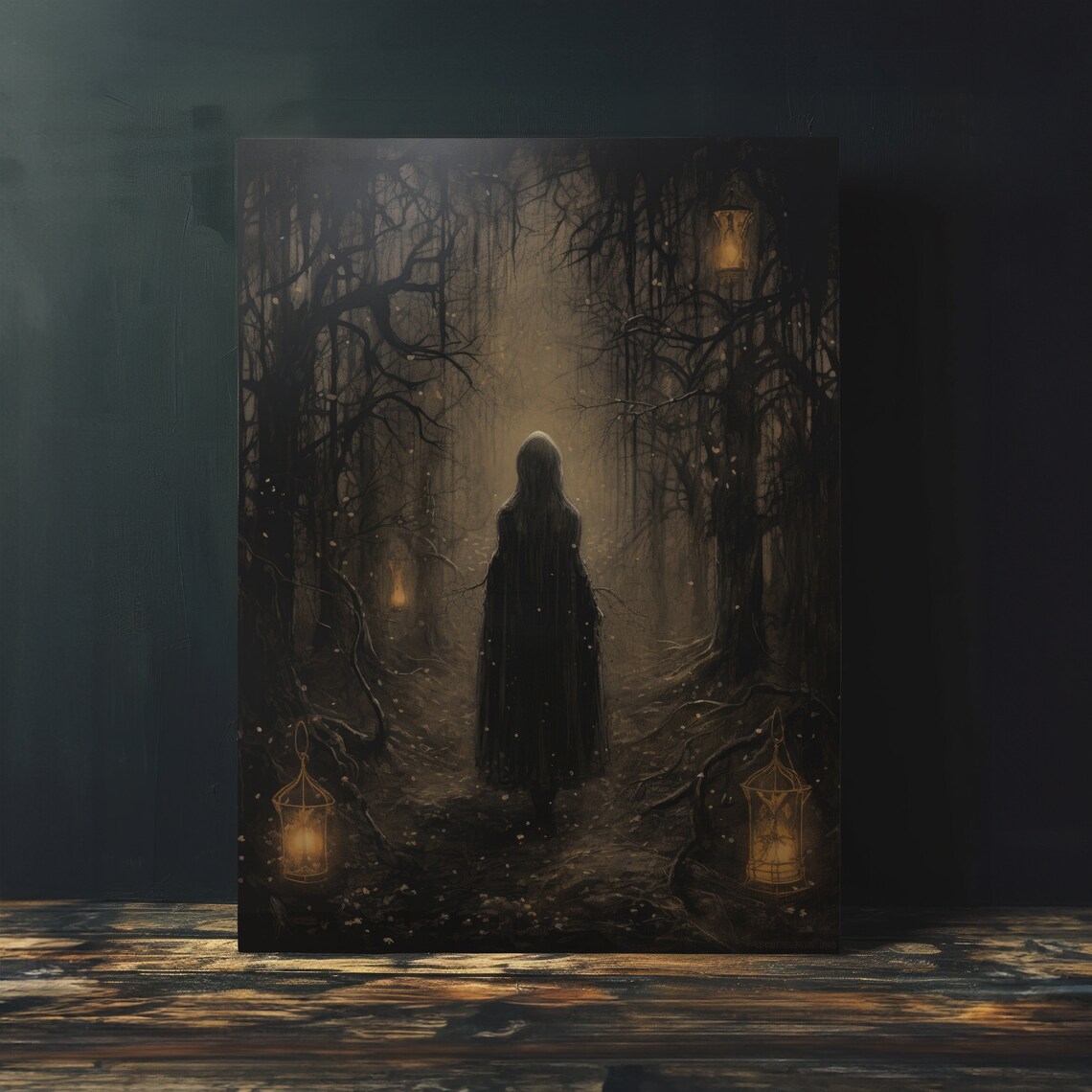 Cloaked Witch Lantern Lit Woods Dark Forest Moody Vintage Painting Art Poster - Image 4
