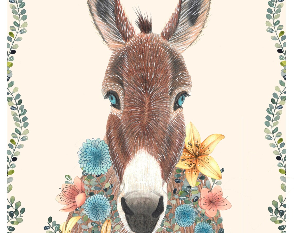 Blue Eyed Donkey Floral Portrait Farm Nursery Animal Art Poster