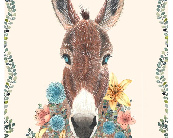 Blue Eyed Donkey Floral Portrait Farm Nursery Animal Art Poster