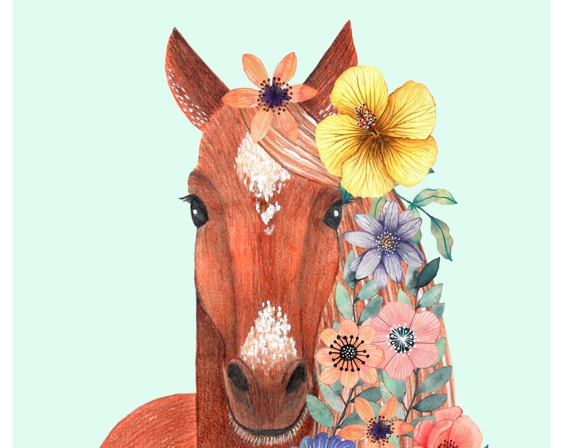 Horse Flower Crown Nursery Wall Art, Whimsical Poster