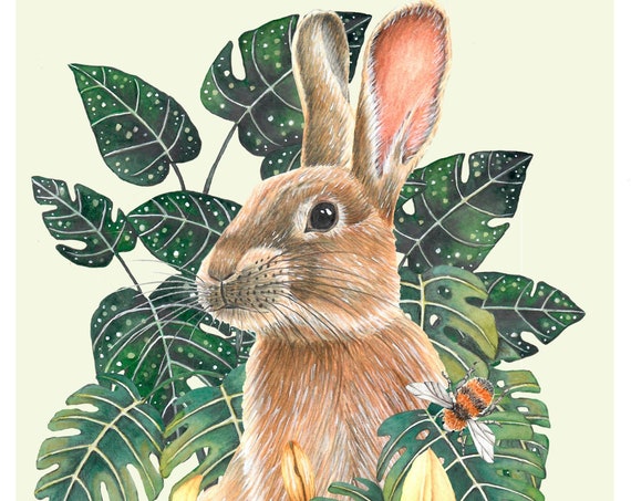 Bunny With Flowers Art Print For Childrens Kids Wall Rabbit Nursey Animal Artwork Forest Illustration Playroom Decor