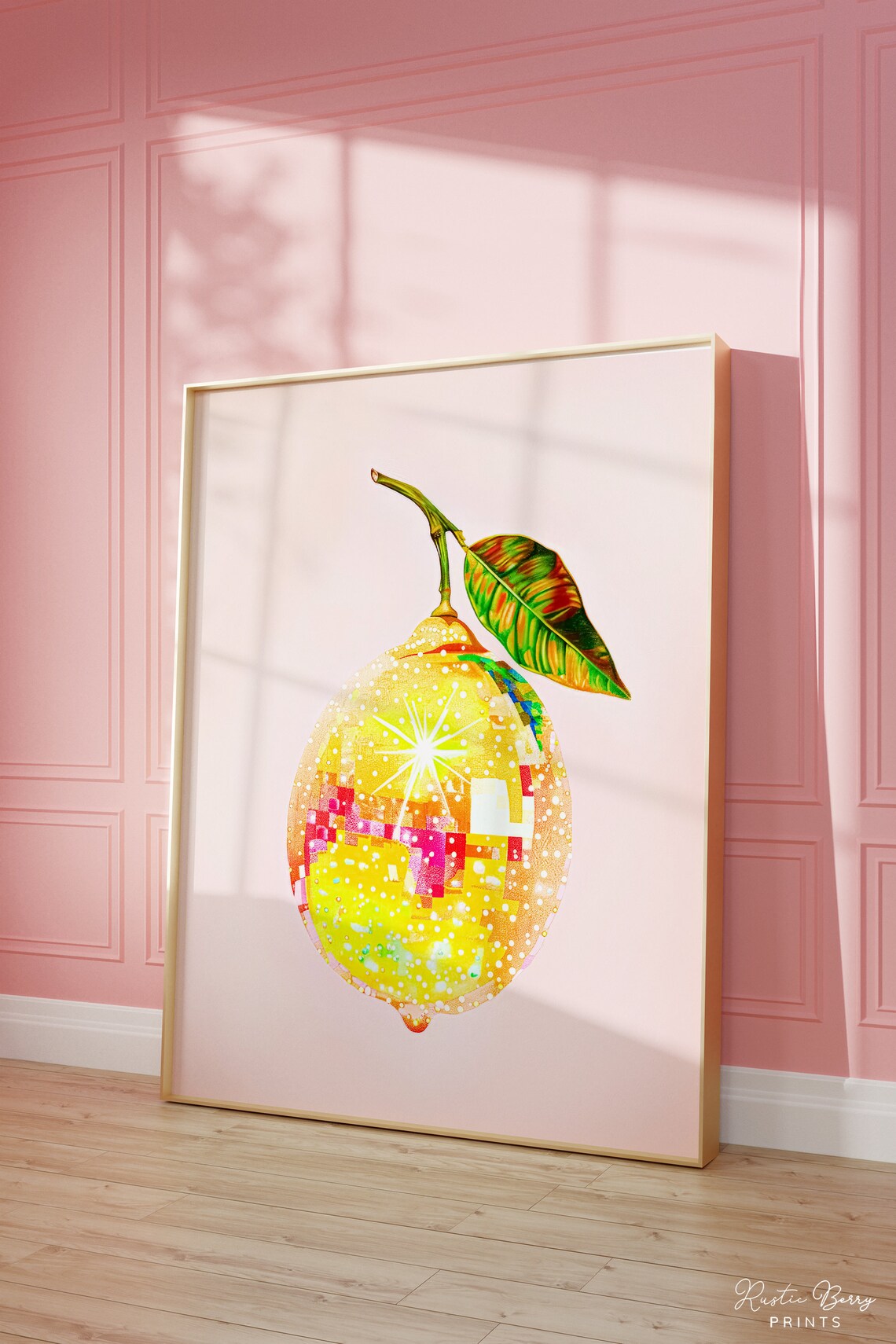 Disco Ball Lemon Mosaic Glitter Yellow Citrus Preppy Pink Wall Art