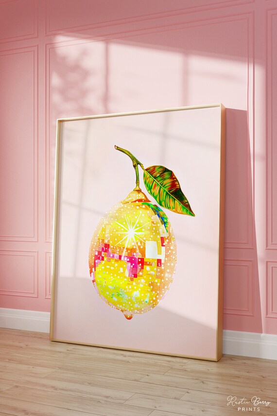 Disco Lemon Art Print Wall Art Poster Glam Disco Ball Lemon Preppy Trendy Dorm Room Pink Yellow Instant