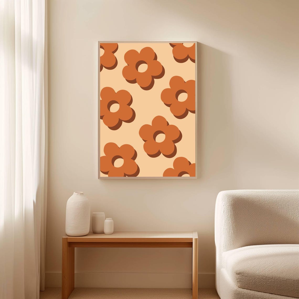 Rust Orange Retro Daisy Pattern 70s Groovy Floral Art Poster - Image 2