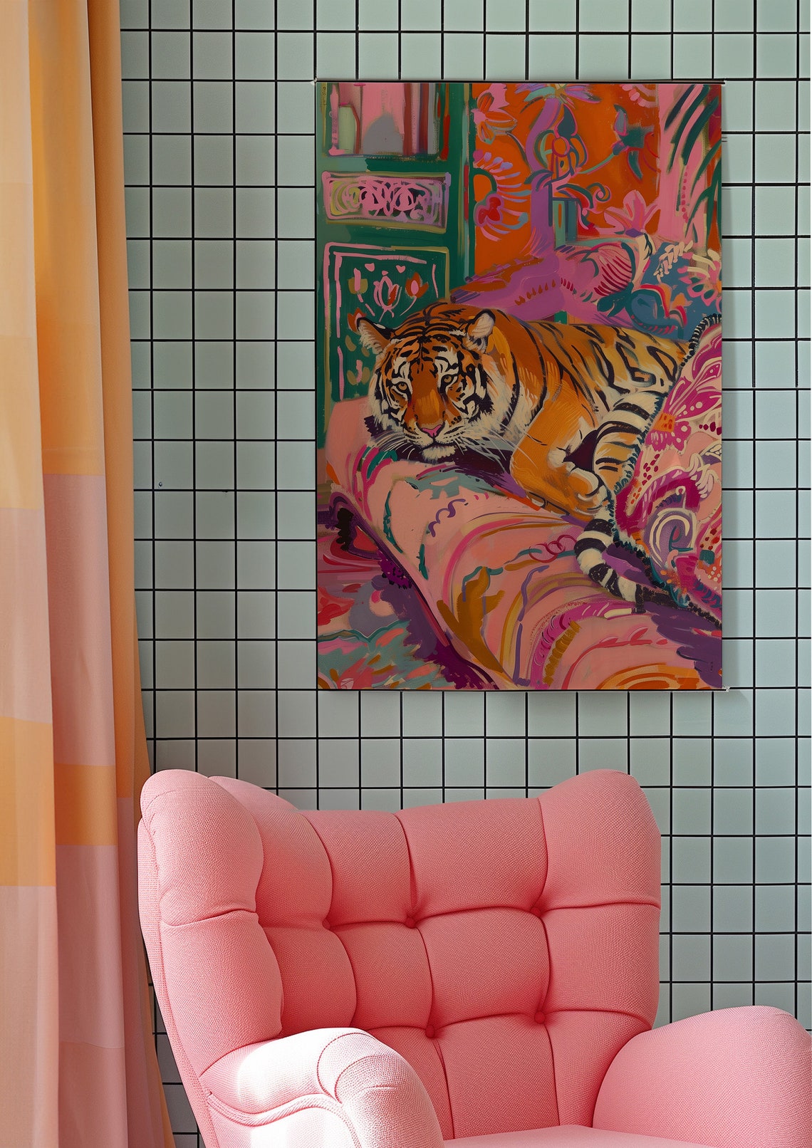 Relaxed Tiger Lounging on a Pink Patterned Armchair Art Poster - Image 2
