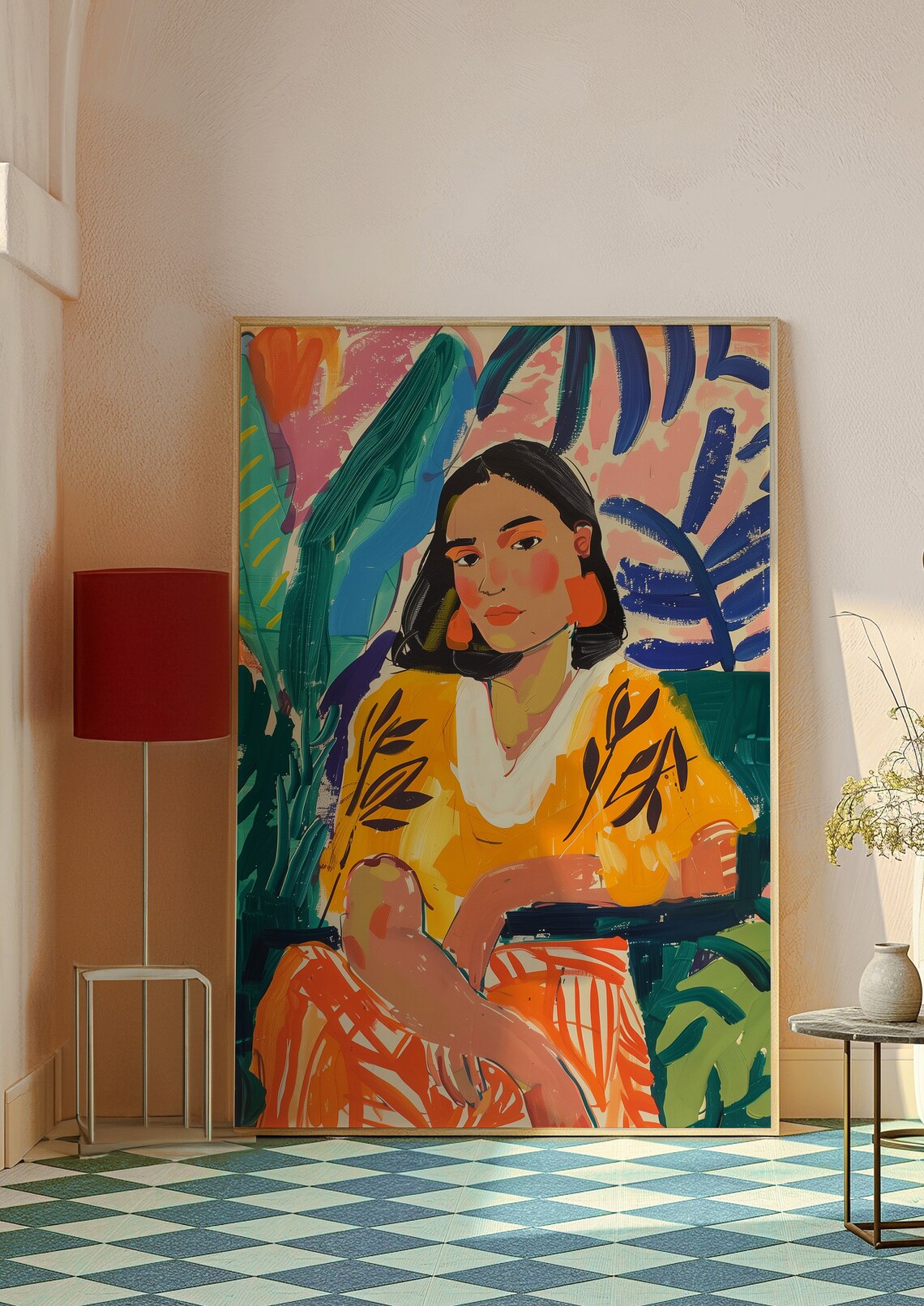 Woman in Yellow Dress Among Tropical Leaves Colorful Portrait Poster - Image 7