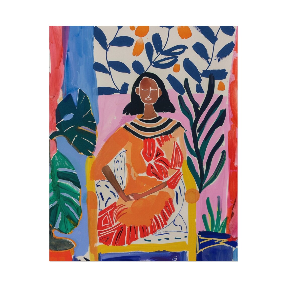 Seated Woman in Orange Dress With Plants Folk Art Portrait Poster - Image 5
