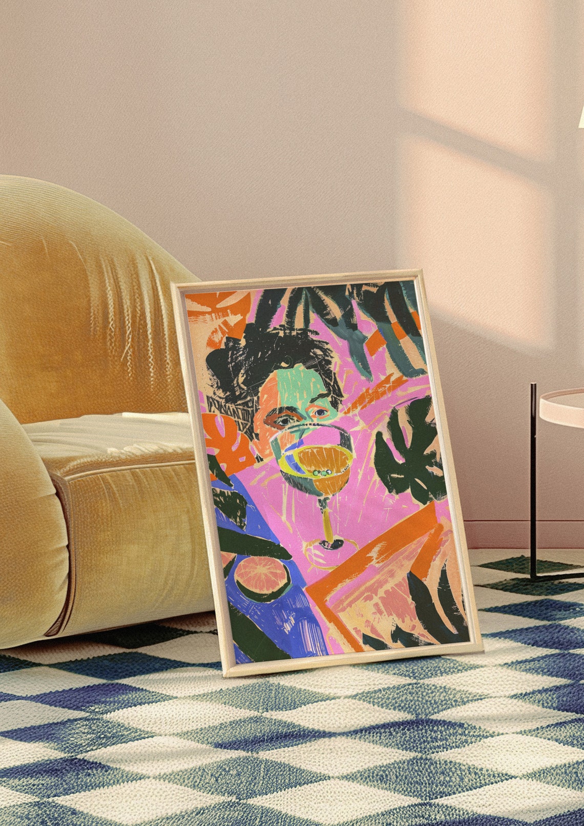 Woman Behind Martini Glass Tropical Leaves Pink Pop Art Style Poster - Image 4