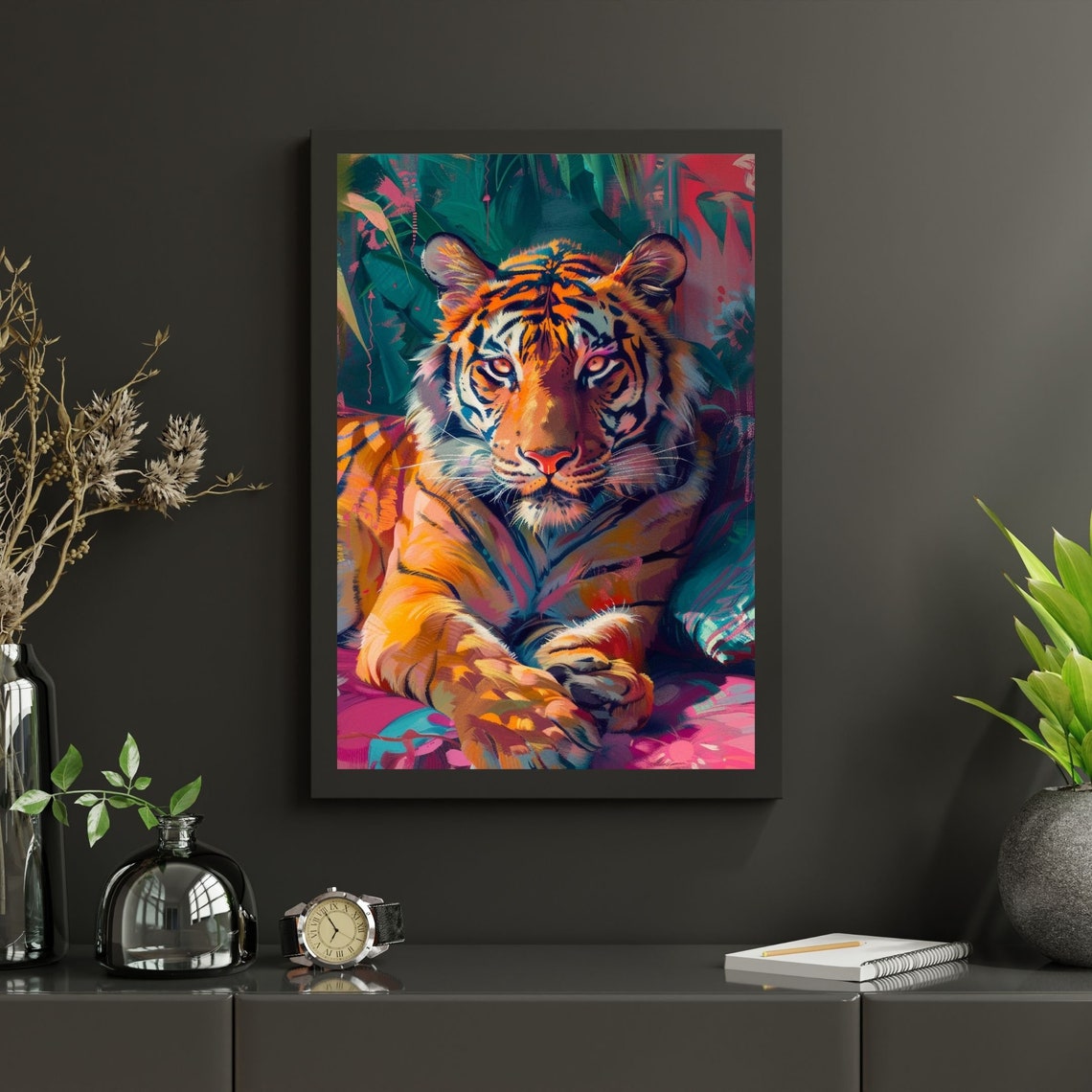 Majestic Resting Tiger Portrait in Bright Pink Teal Jungle Poster - Image 3