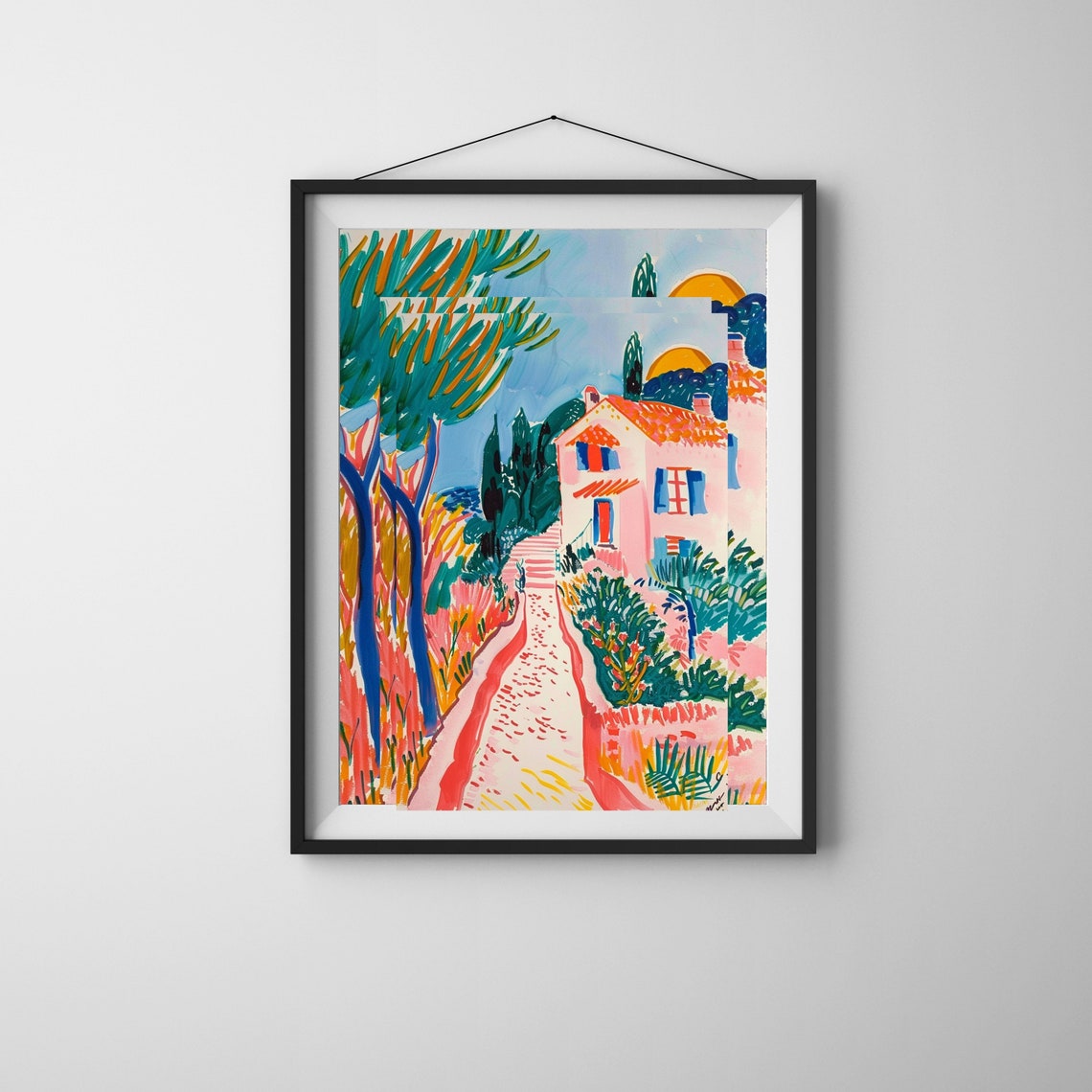 Charming Pink House Path with Cypress Trees at Sunset Art Poster - Image 4