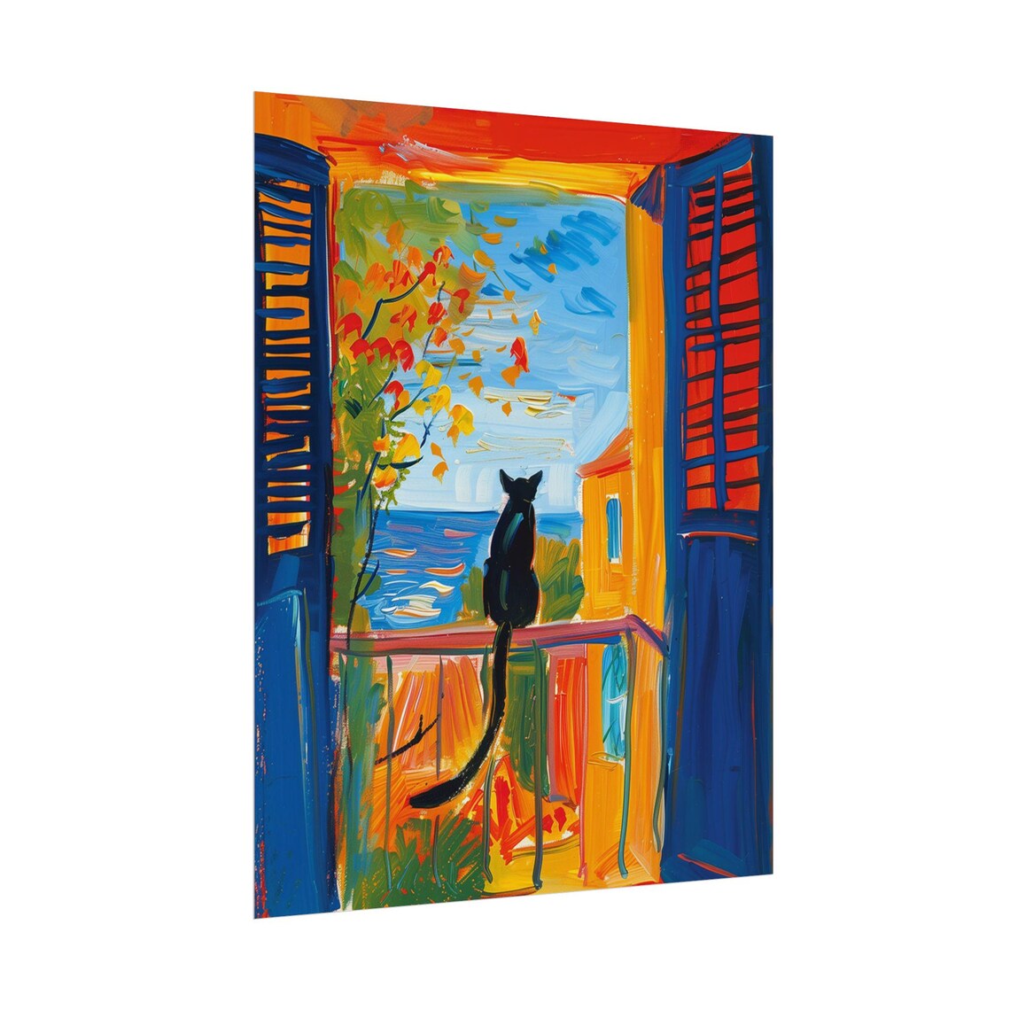 Cat on Balcony, Mediterranean Landscape Art Print - Image 4