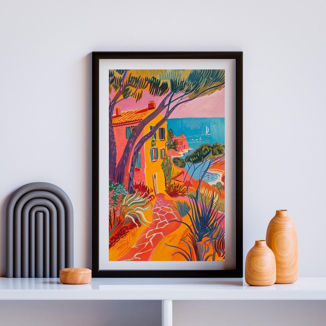 Vivid Sunset Coastal House with Pine Trees Overlooking Sea Poster - Image 2