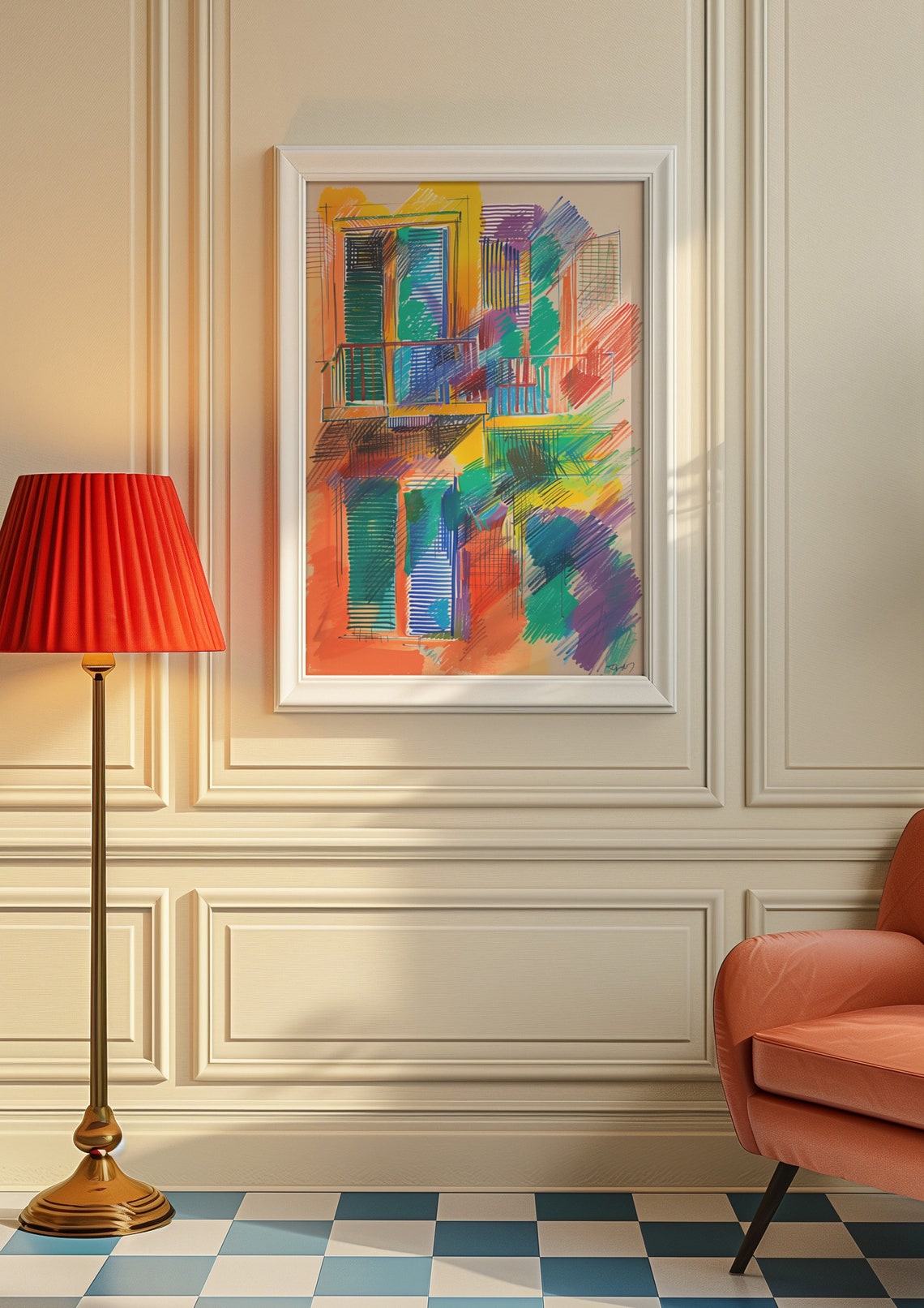 Vibrant Architectural Balcony Facade Sketch Colorful Modern Poster - Image 9