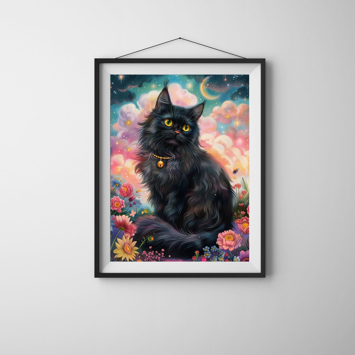 Dreamy Black Cat Fantasy Poster With Flowers Under Cosmic Night Sky - Image 8