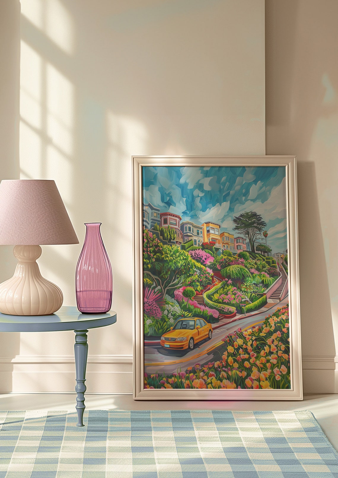 Colorful Winding Hillside City Street with a Yellow Taxi Poster - Image 4