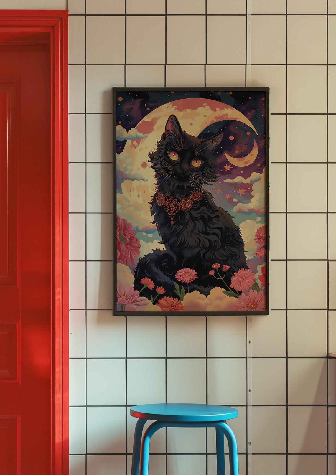 Mystical Black Cat Moonlit Sky Floral Fantasy Animal Wall Art - Image 5