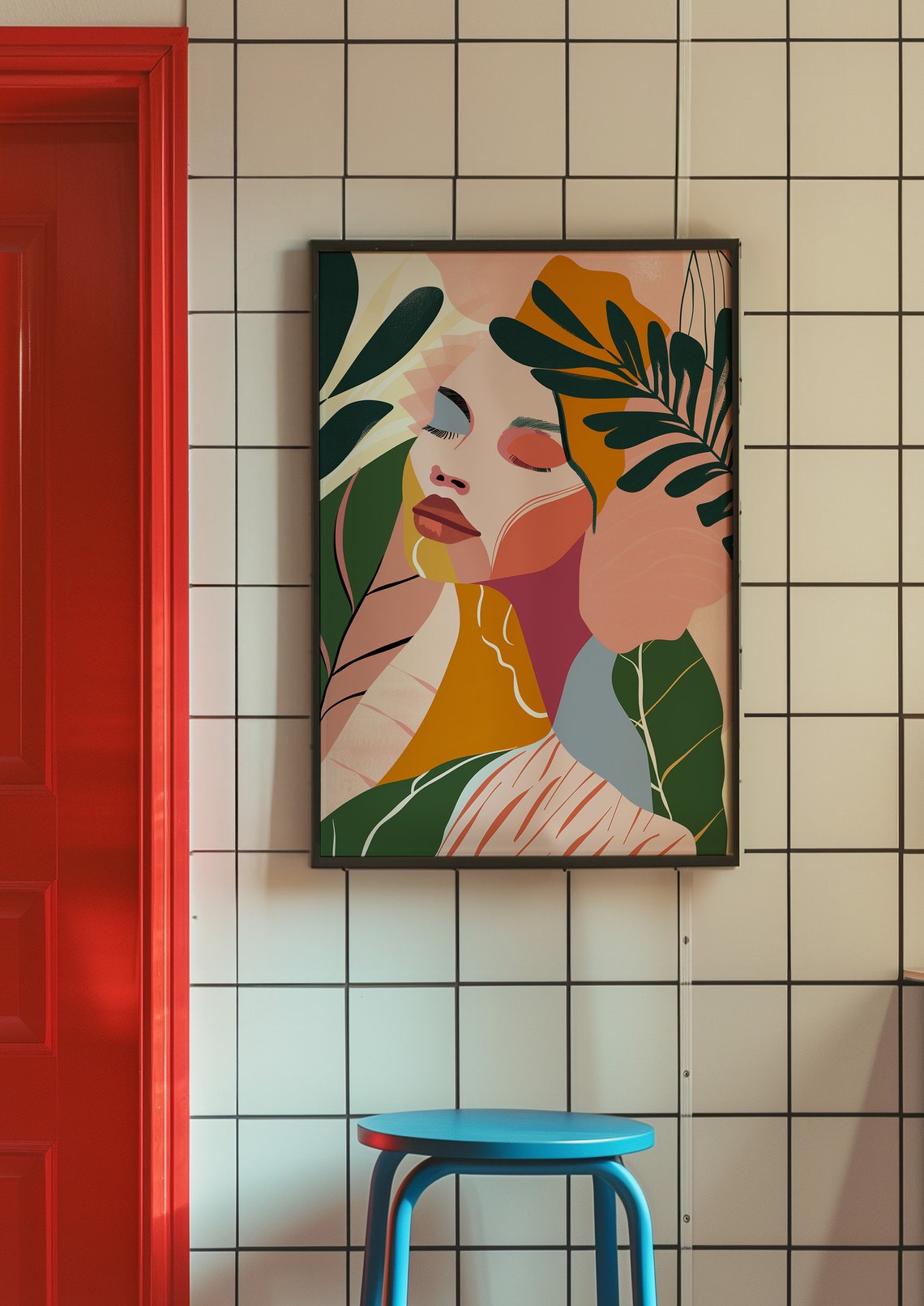 Woman Face Among Lush Tropical Leaves Dreamy Portrait Poster - Image 3